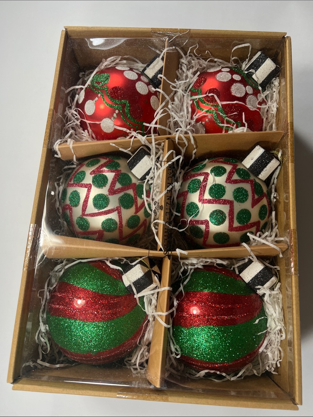 MacKenzie-Childs Red, Green & White Glitter Holiday Ornament Set